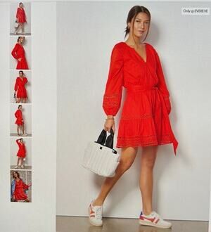 Evereve Juliana coral dress w/geometric eyelet. Romantic cottagecore feminine.